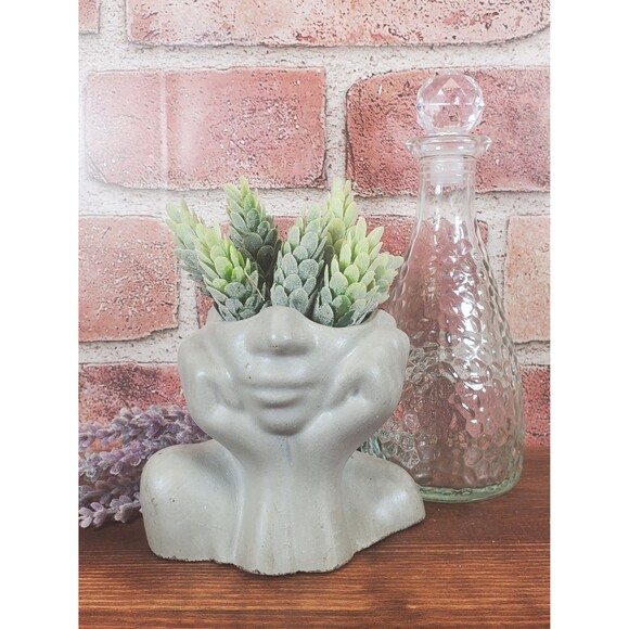 Cement Face Planter Pot, Concrete Persons Upper Body Succulent Planter - Picture 2 of 10